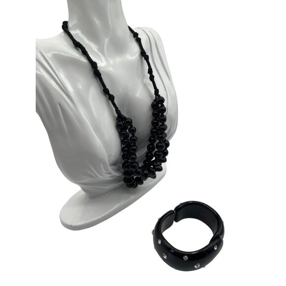 Vintage Elegant Black Beaded Necklace & Bracelet Set With Rhinestone N63 - Picture 3 of 7
